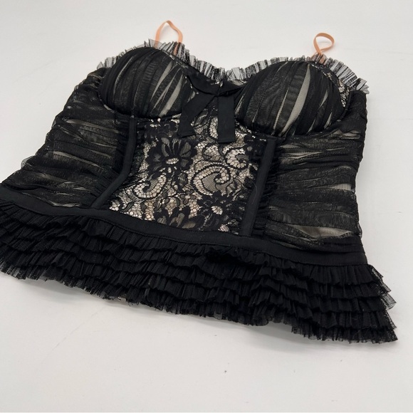 Forever 21 Paris Black Lace Corset Bustier Top S – Ruffle Trim, Zip Back - Picture 4 of 8